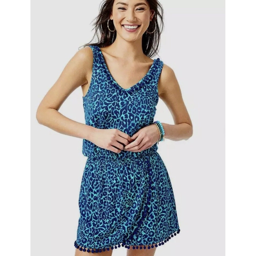 Lilly Pulitzer Gigi Romper XL Oyster Bay Navy My Favorite Spot Blue Leopard Pom